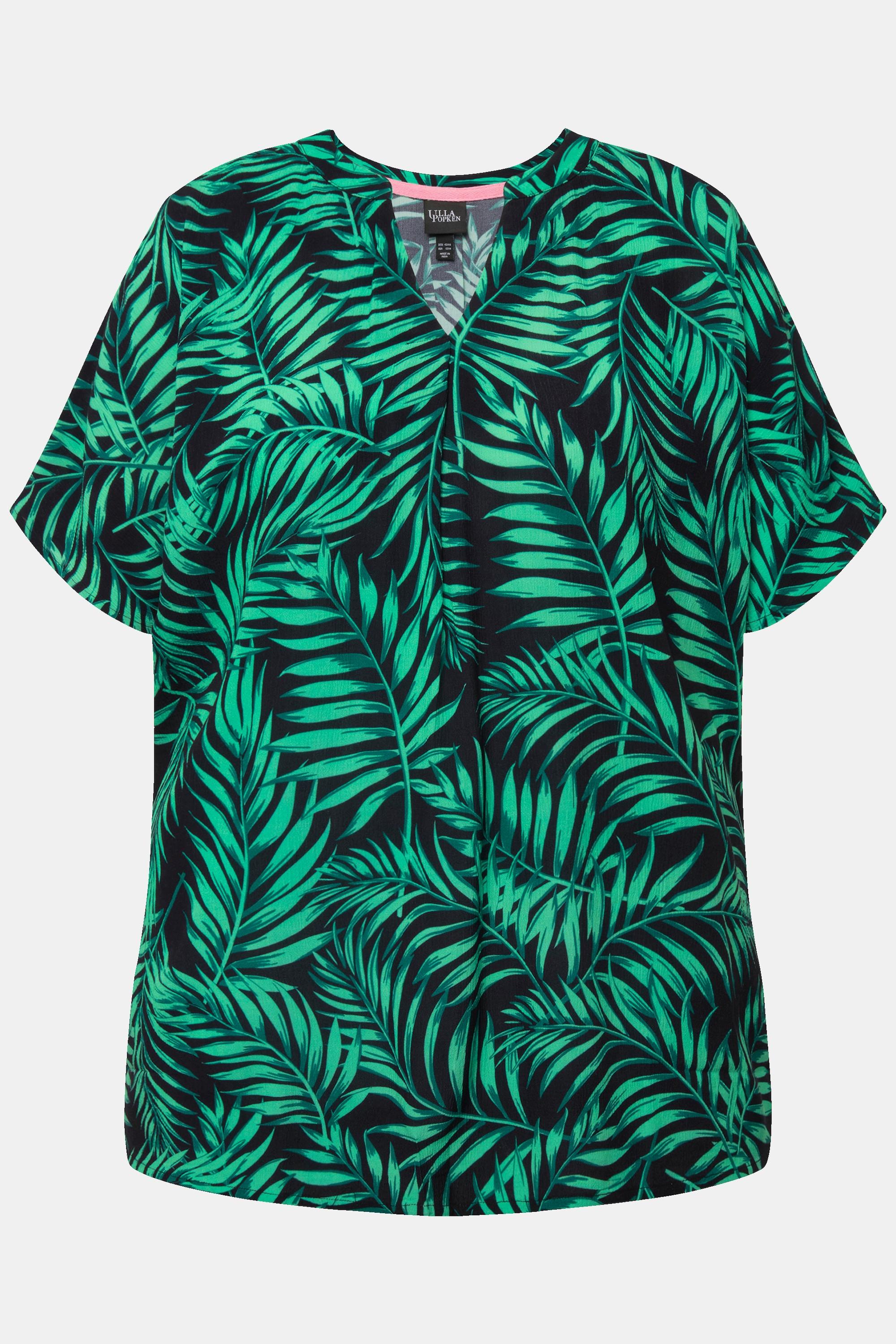 Ulla Popken  Blouse en crêpe motif palmiers à manches courtes et encolure en V. Ligne A 