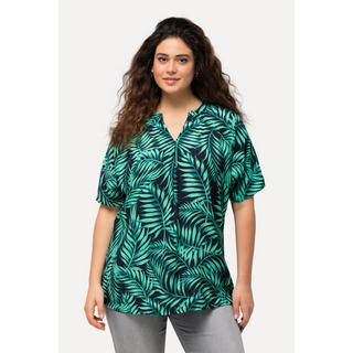 Ulla Popken  Blusa dal taglio svasato in crêpe con palme, scollo a V e mezze maniche 