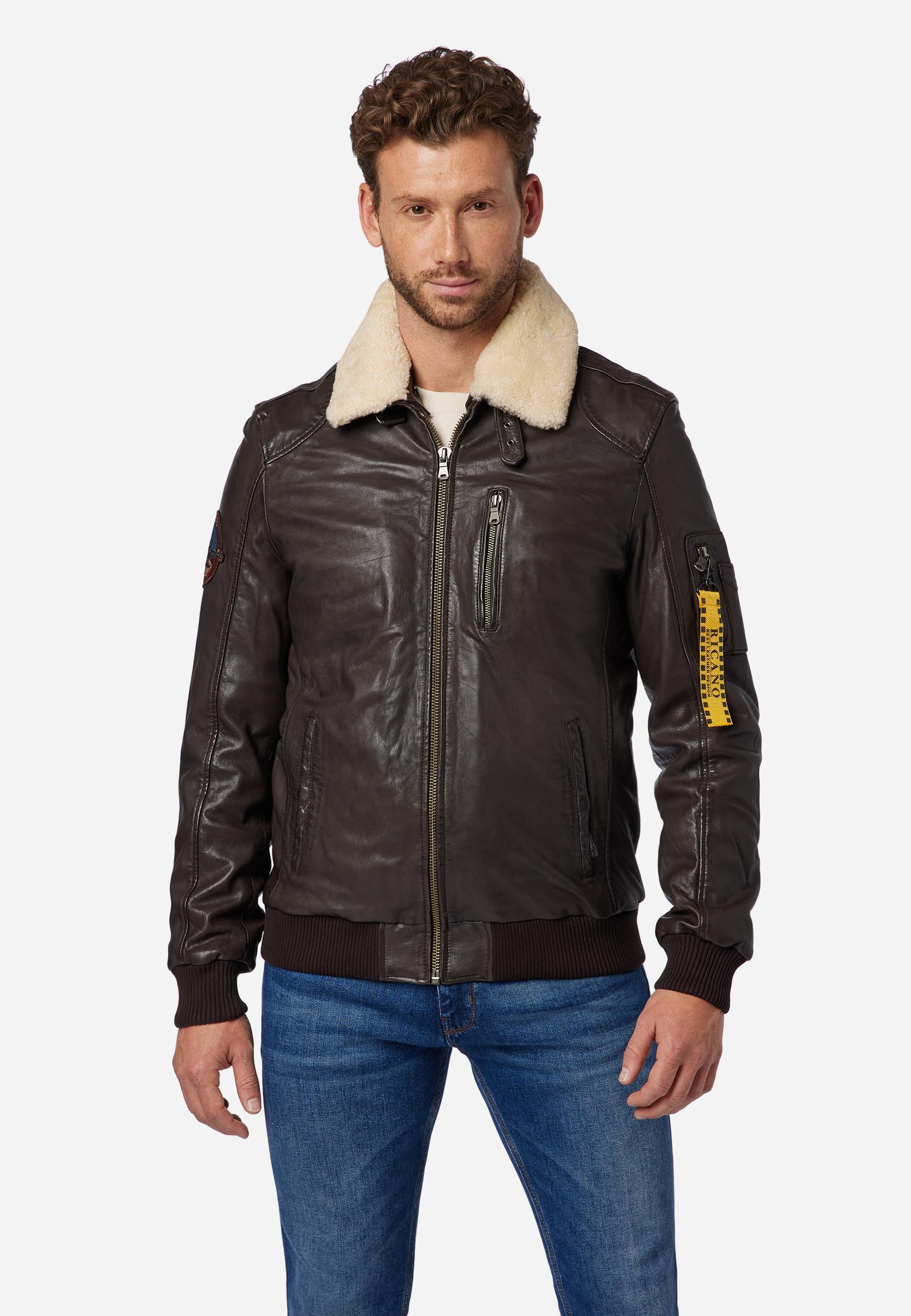 RICANO  Veste en cuir pour hommes TG-1011 - Style aviateur avec col en fourrure de mouton 