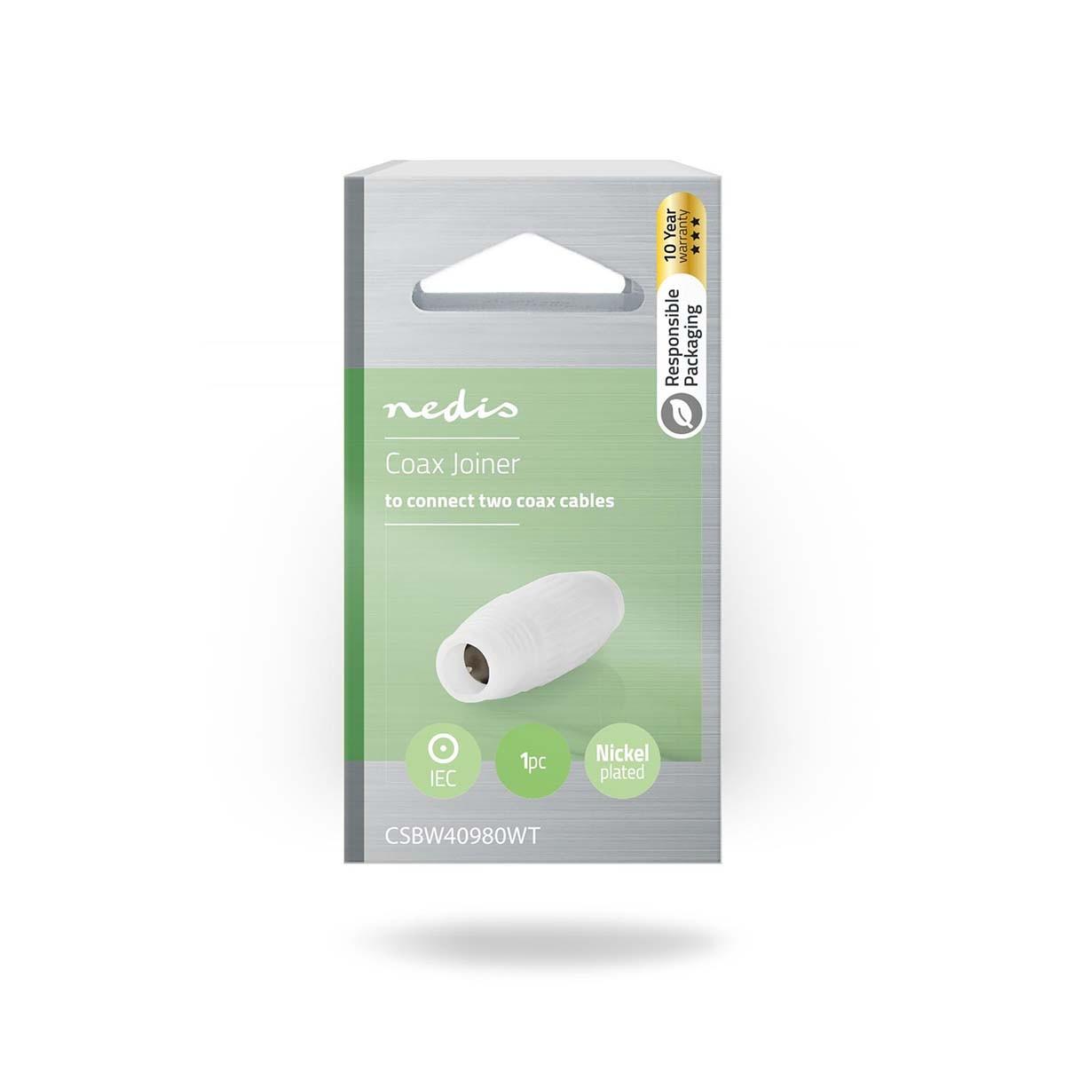 Nedis  Adattatore Satellite e Antenna | IEC (Coax) Femmina | IEC (Coax) Femmina | Nichelato | 75 Ohm | Dritto | Plastica | Bianco | 1 pz. | Scatola da finestra con serratura Euro 