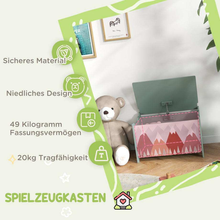 Northio Spielzeugkiste mit Deckel, Spielzeugtruhe mit niedlichem Tierdesign, Aufbewahrungsbox mit Deckel-Sicherheitsscharnier, Griff, für Kinderzimmer, Schlafzimmer, Grün  