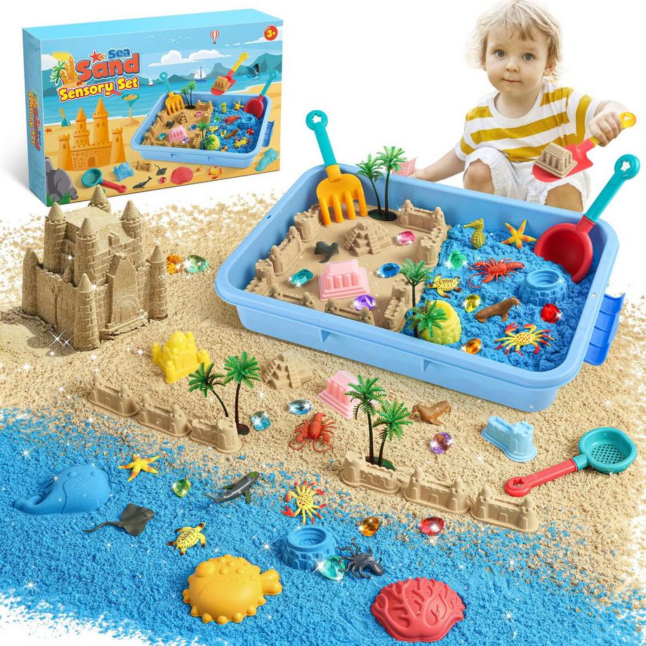 Sable de Jouet, Jouet de Sable de Jeu avec 1 kg de Sable de Jouet Magique, 12 Jouets d'Animaux Marins, 10 Moules de Sable