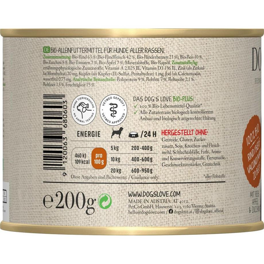 Dog's Love  Manzo biologico, riso, mela e zucchina, 200g 