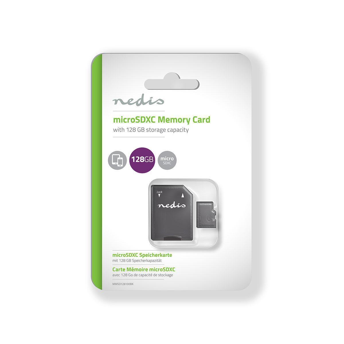 Nedis  Carte mémoire | microSDXC | 128 GB | Vitesse d'écriture : 90 MB/s | Vitesse de lecture : 45 Mo/s | UHS-I | Adaptateur SD inclus 