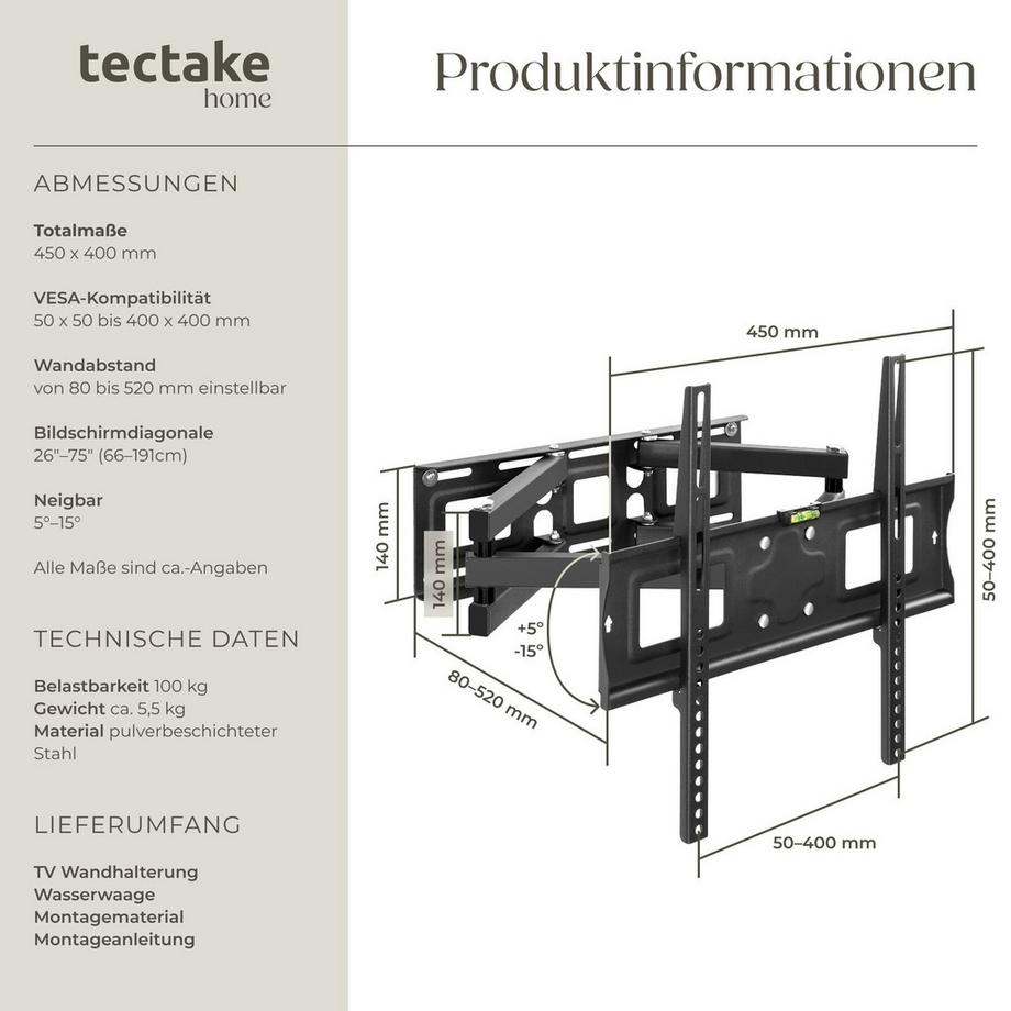 Tectake  Support mural de télévision  pour 26 - 75 pouces (66 - 191 cm) 