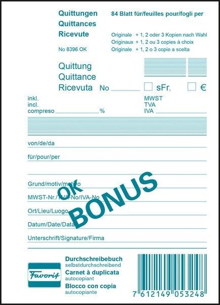 Image of FAVORIT Quittungen OK BONUS D/F/I A6 8396 OK Durchschreibepapier 84 Blatt FAVORIT Quittungen OK BONUS D/F/I A6 8396 OK Durchschreibepapier 84 Blatt