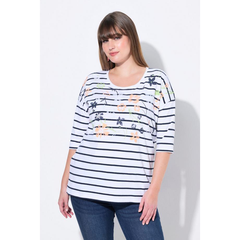 Ulla Popken T-Shirt Oversize Righe Stampa Floreale Girocollo Mezza Manica  