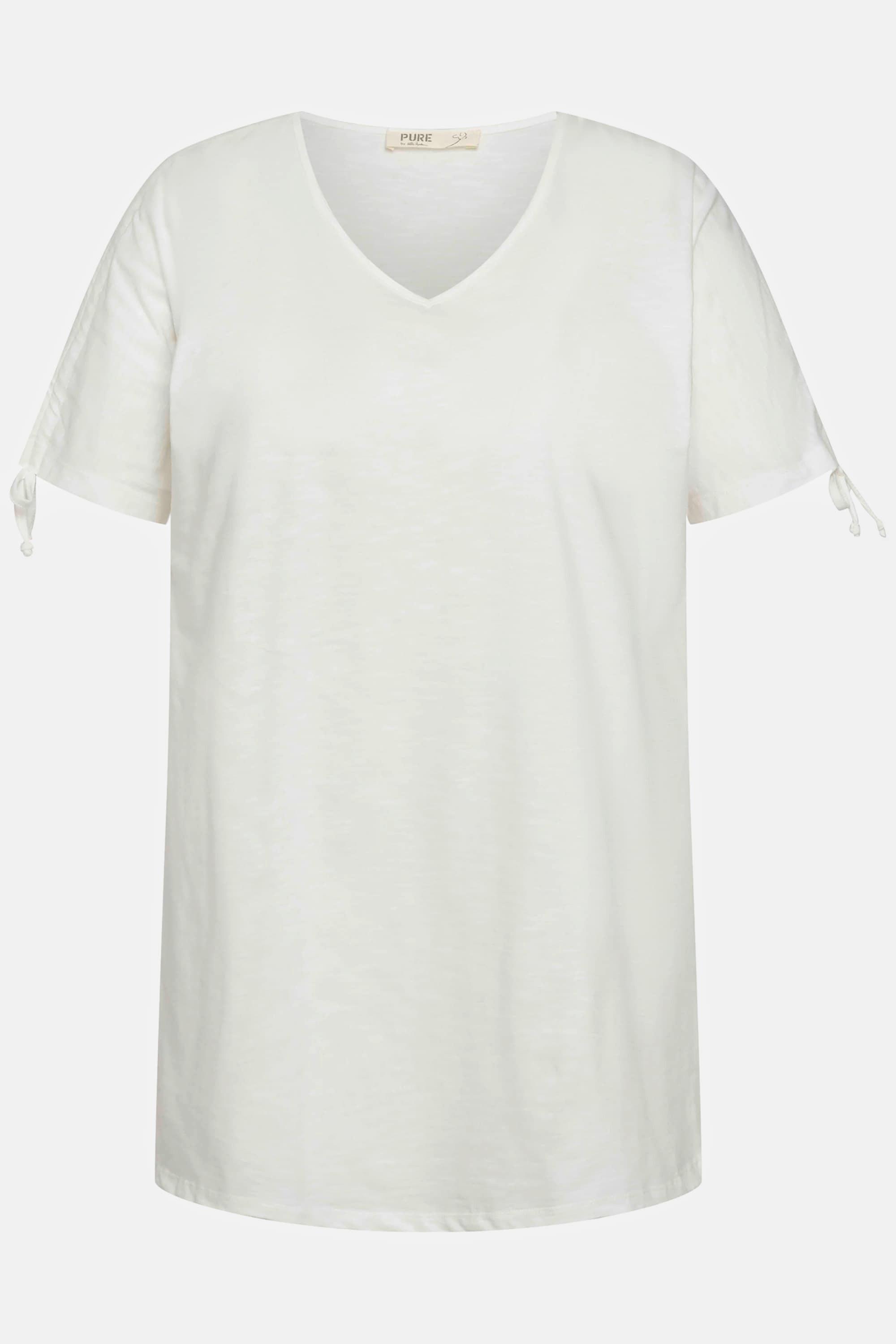 Ulla Popken  T-shirt di cotone biologico con laccetto su maniche, scollatura a V e mezze maniche 