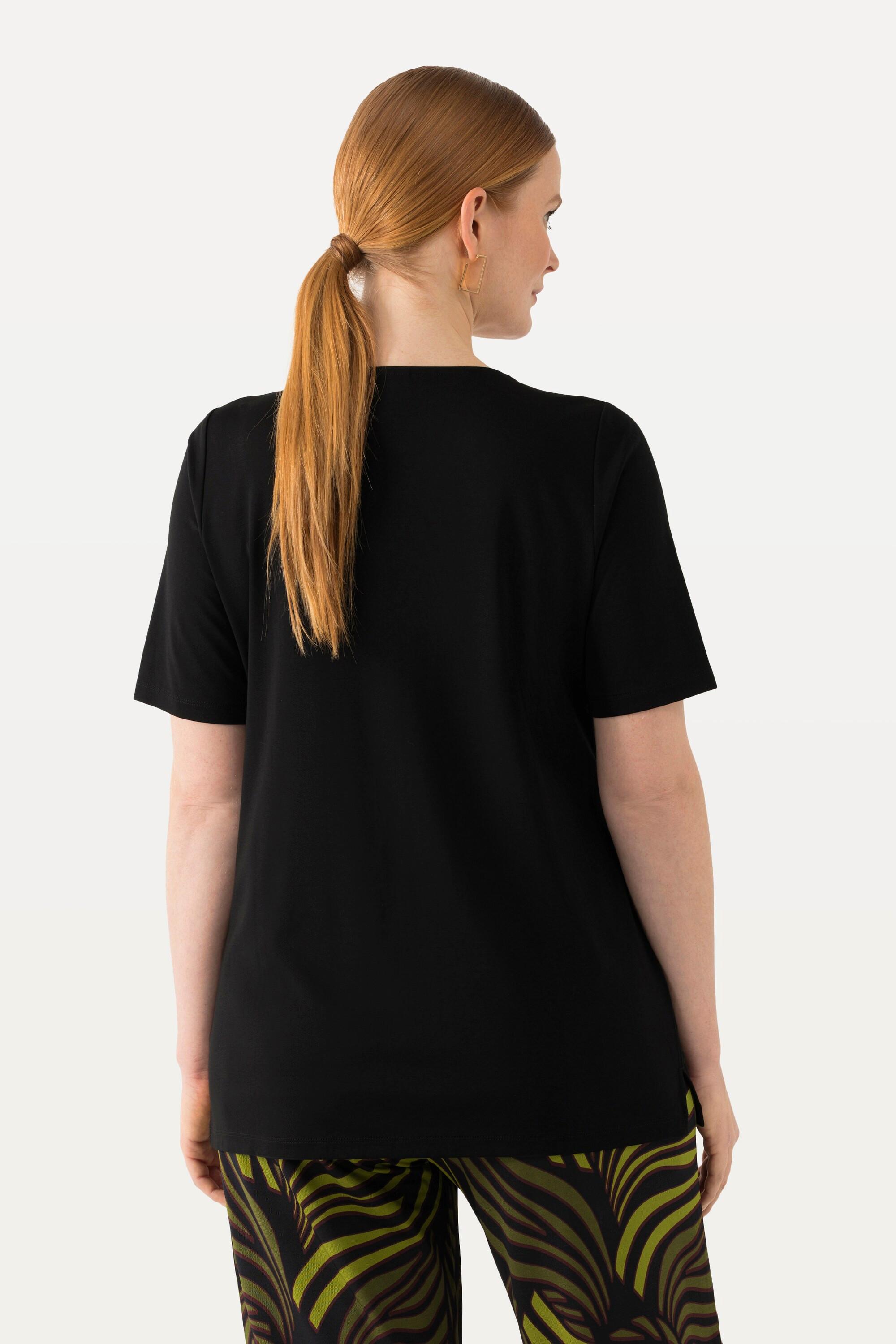 Ulla Popken  T-shirt avec broderies, silhouette en A évasée, col tunisien et manches courtes 