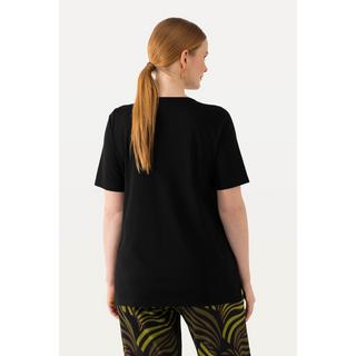 Ulla Popken  T-shirt avec broderies, silhouette en A évasée, col tunisien et manches courtes 