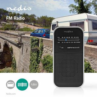 Nedis  FM -Radio | Tragbares Design | AM / fm | Batterie betrieben | Analog | 1,5 w | Schwarzerer Bildschirm | Bluetooth® | Kopfhörerbuchse | Aluminium / Schwarz 