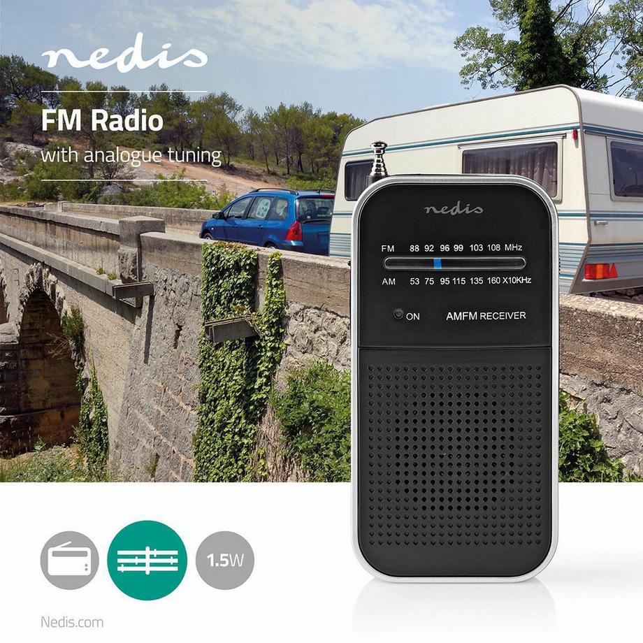 Nedis  Radio FM | Conception portable | AM / FM | Fonctionnement de la batterie | Analogique | 1,5 W | Écran blanc noir | Bluetooth® | Prise casque | Aluminium / noir 