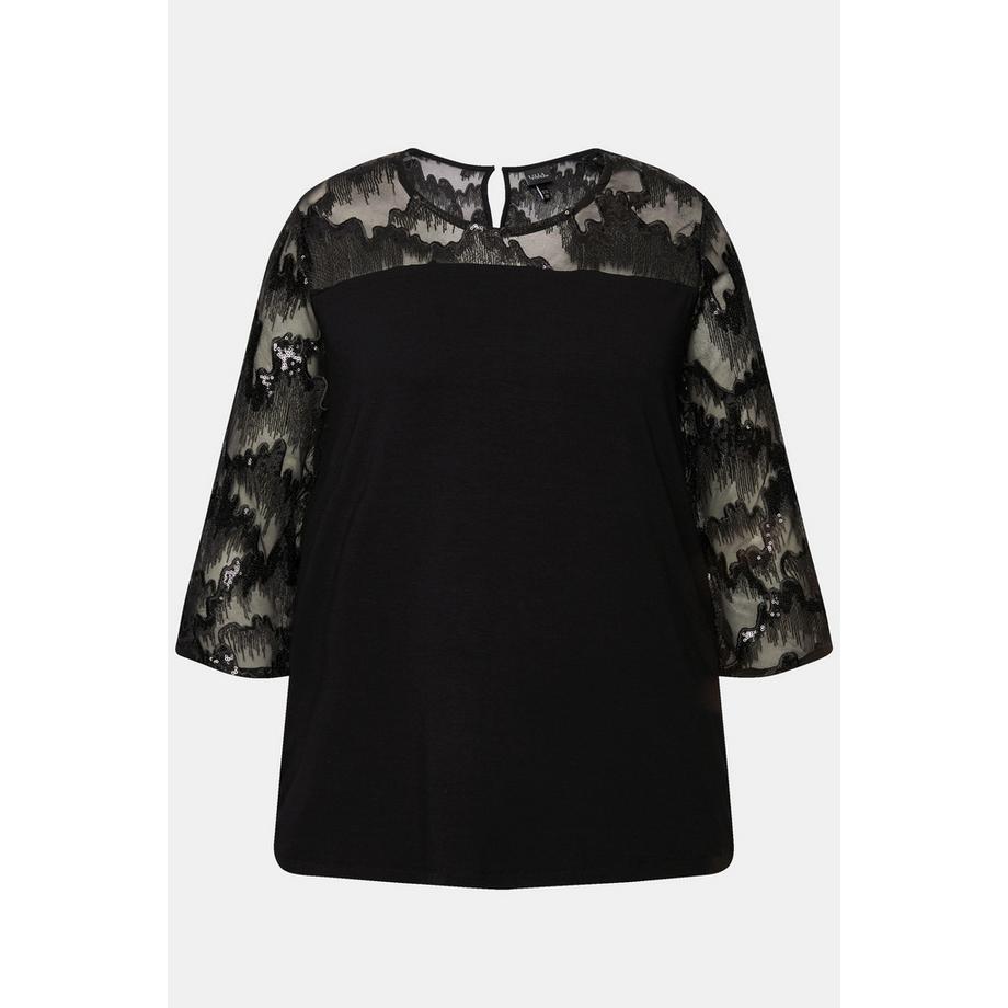 Ulla Popken Maglia Ricami Paillettes Girocollo Maniche 3/4  