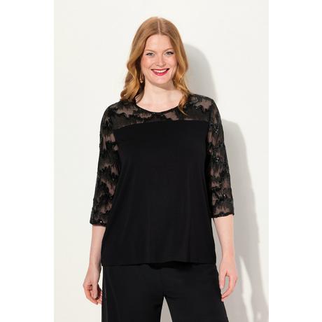 Ulla Popken  Blouse à col rond et manches 3/4, broderie et paillettes 