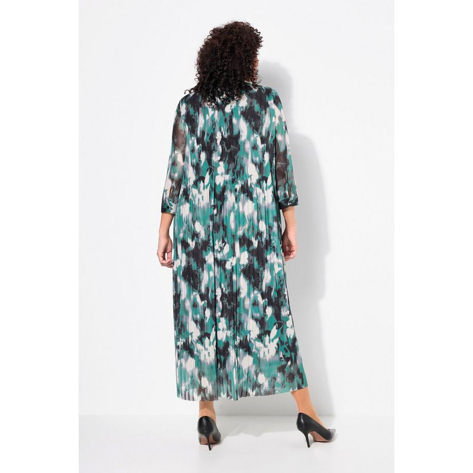 Ulla Popken Maxi Abito in Mesh Pieghe Decorative Girocollo Manica 3/4  