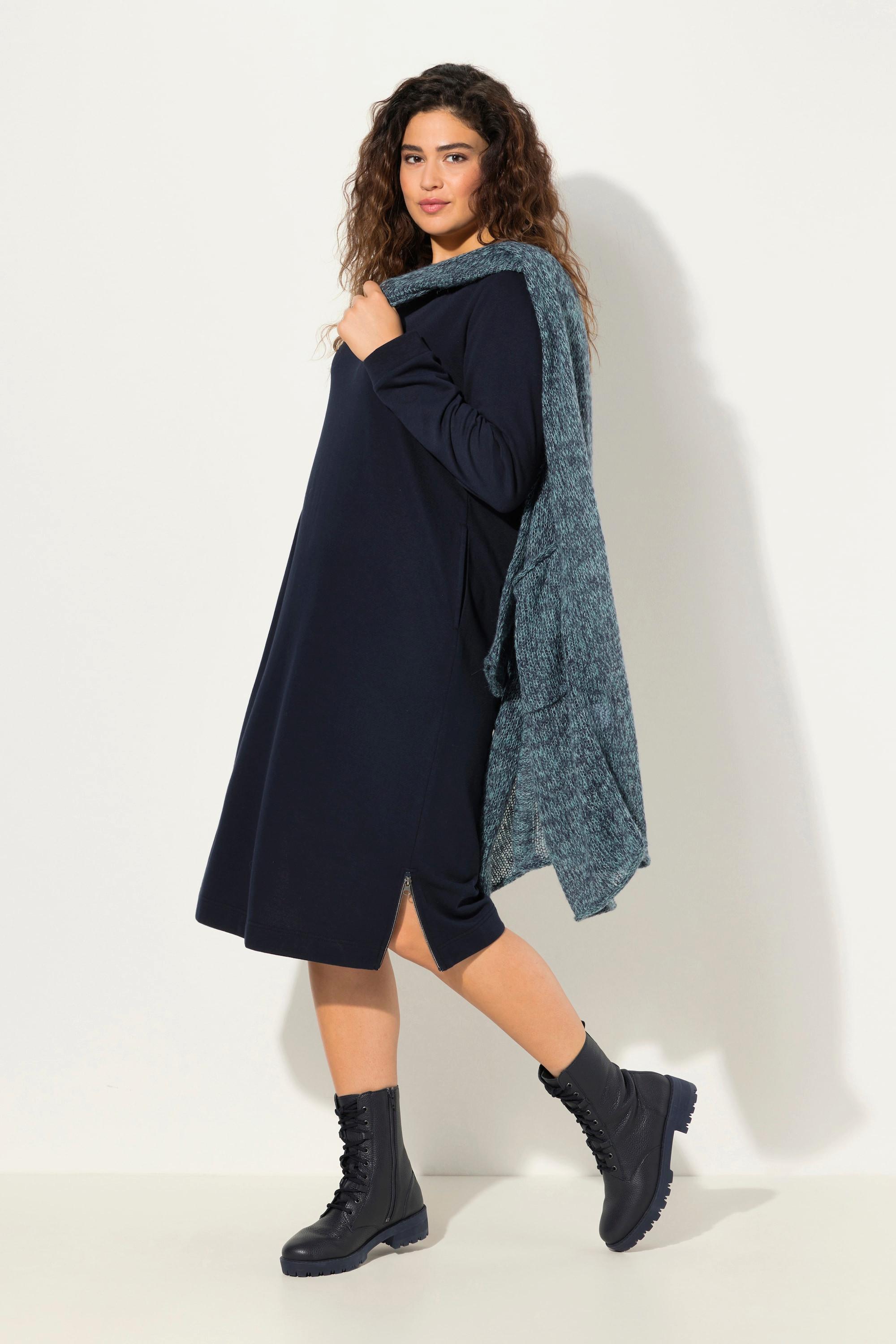 Ulla Popken Abito Felpa Scollo Rotondo Fascia Decorativa Maniche Lunghe Tasche  