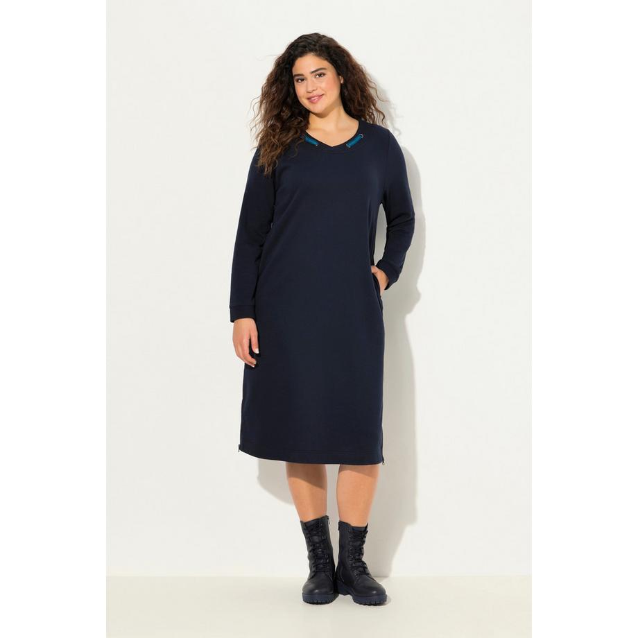 Ulla Popken Sweatkleid Rundhals Zierband Langarm Taschen  