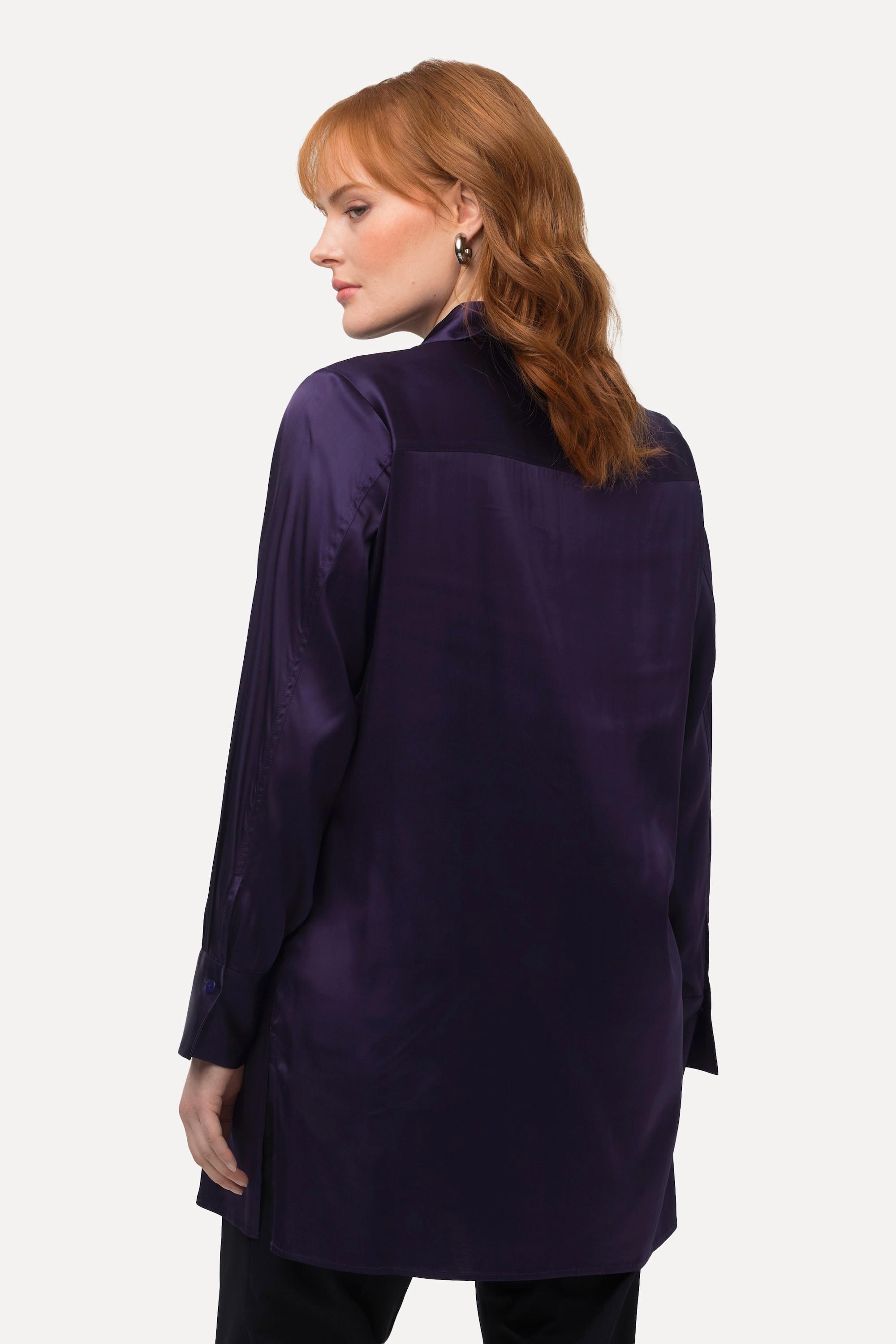 Ulla Popken  Blouse en satin à col chemise et manches longues, patte de boutonnage dissimulée 