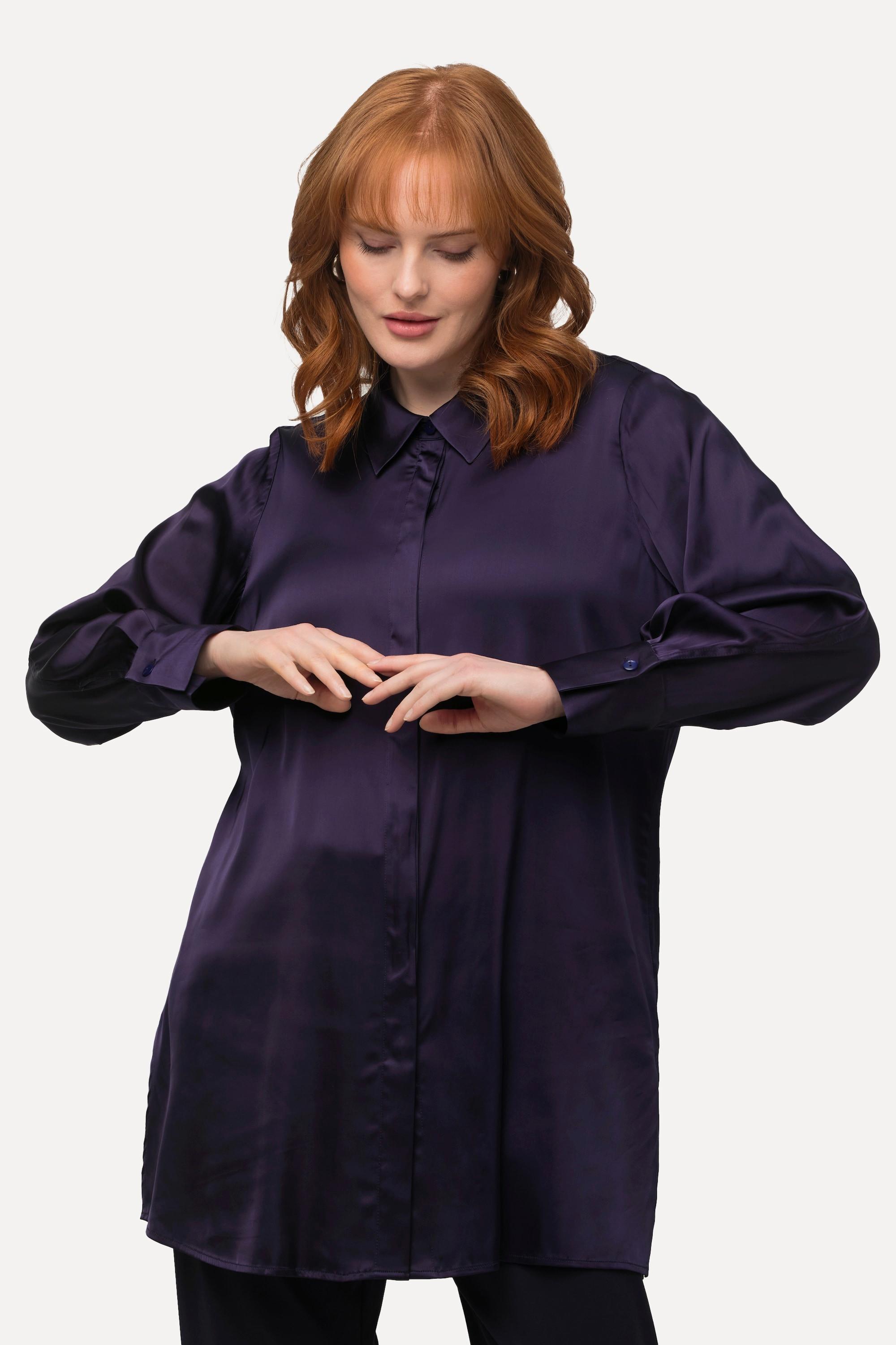 Ulla Popken  Blouse en satin à col chemise et manches longues, patte de boutonnage dissimulée 