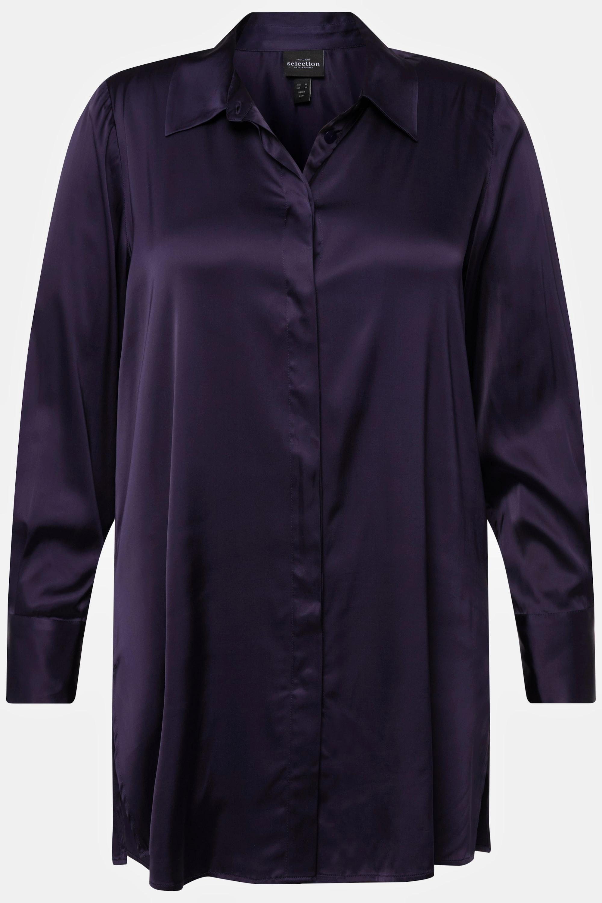 Ulla Popken  Blouse en satin à col chemise et manches longues, patte de boutonnage dissimulée 