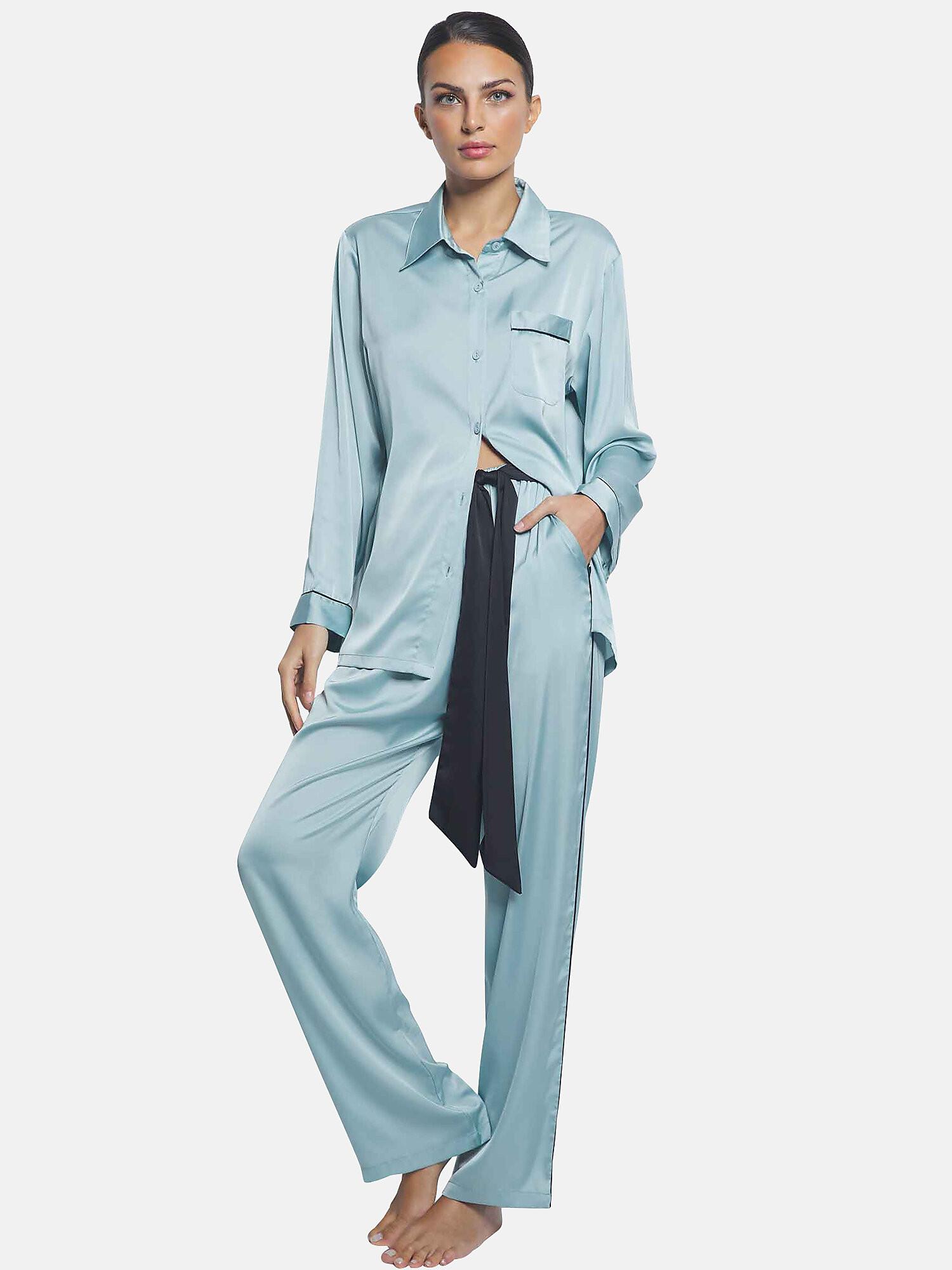 Image of Pyjama Hose Hemd Langarm Satin Unisex Grün L