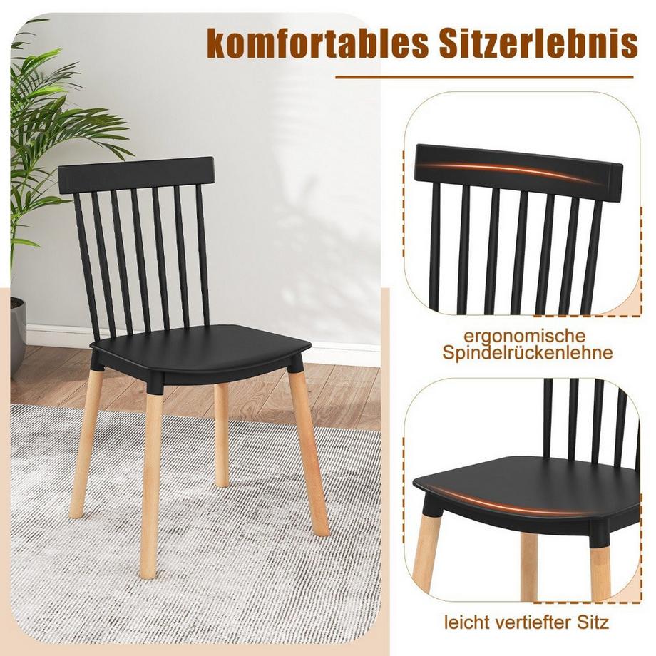 Northix Set di 4 sedie da pranzo con schienali a fuso e seduta curva, sedie senza braccioli, nere  