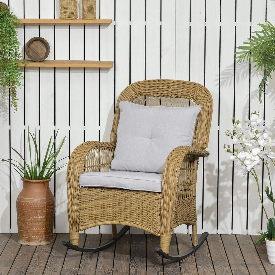 Northio Rattan Schaukelstuhl, Schaukelsessel Mit Kissen, Gartenstuhl Mit Waschbaren Polsterbezüge, Loungemöbel Für Hinterhof, Gelb, 69 X 92 X 100 Cm  