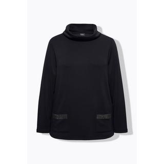 Ulla Popken  Sweat-shirt à col montant et manches longues, coupe boxy, strass sur les poches 