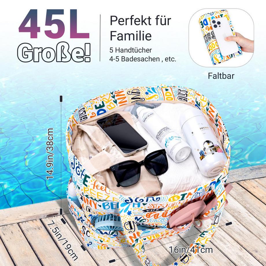 Only-bags.store Strandtasche mit Reißverschluss Leichte faltbare große Schwimmbadtasche  