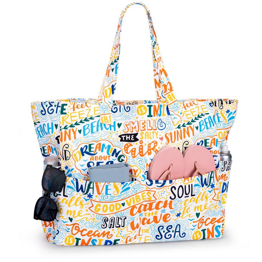 Strandtasche mit Reißverschluss-Shopper, Leichte faltbare große Schwimmbadtasche, Urlaub muss einkaufen