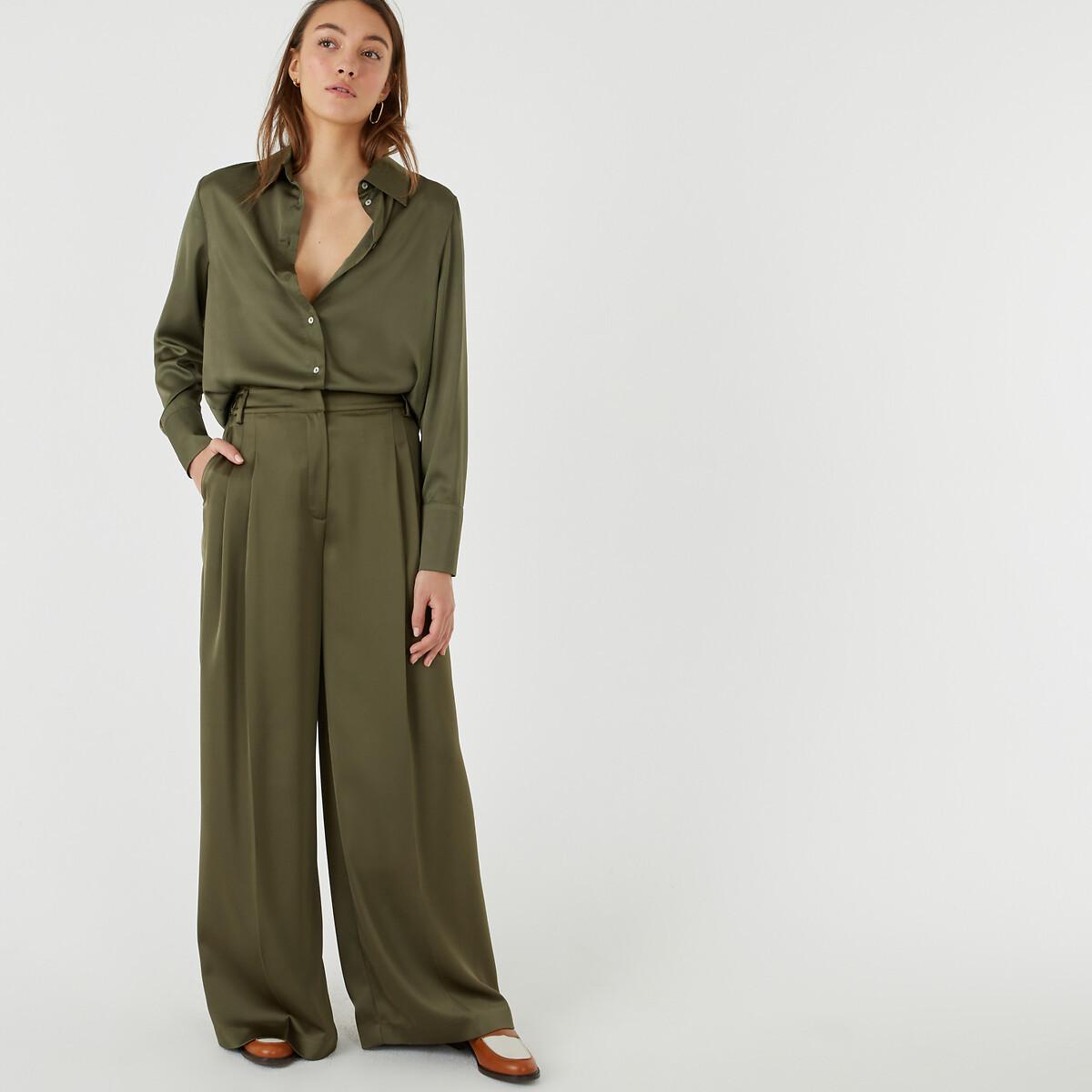 Image of Weite Bundfaltenhose Aus Satin Damen Grün 46