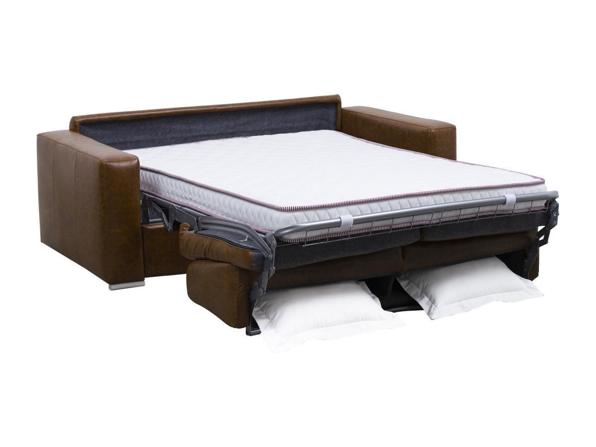 Vente-unique Canapé 3 places convertible express 100% cuir de buffle vintage caramel matelas 18cm DELECTEA II  