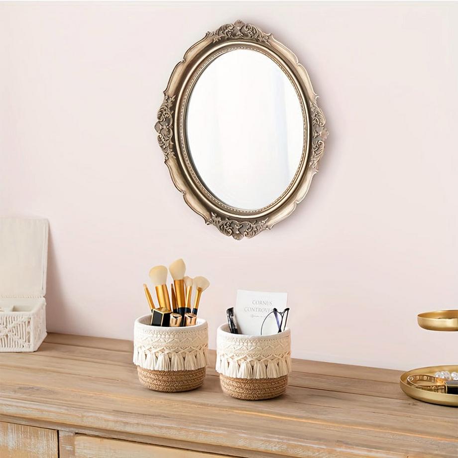 Alopini 1pc Handmade Boho Chic Makeup Brush Holder - Wicker Cosmetic Storage Basket with Brushes Lightweight Hypoallergenic No Installation Required - Perfect for Brush and Desktop Organization  