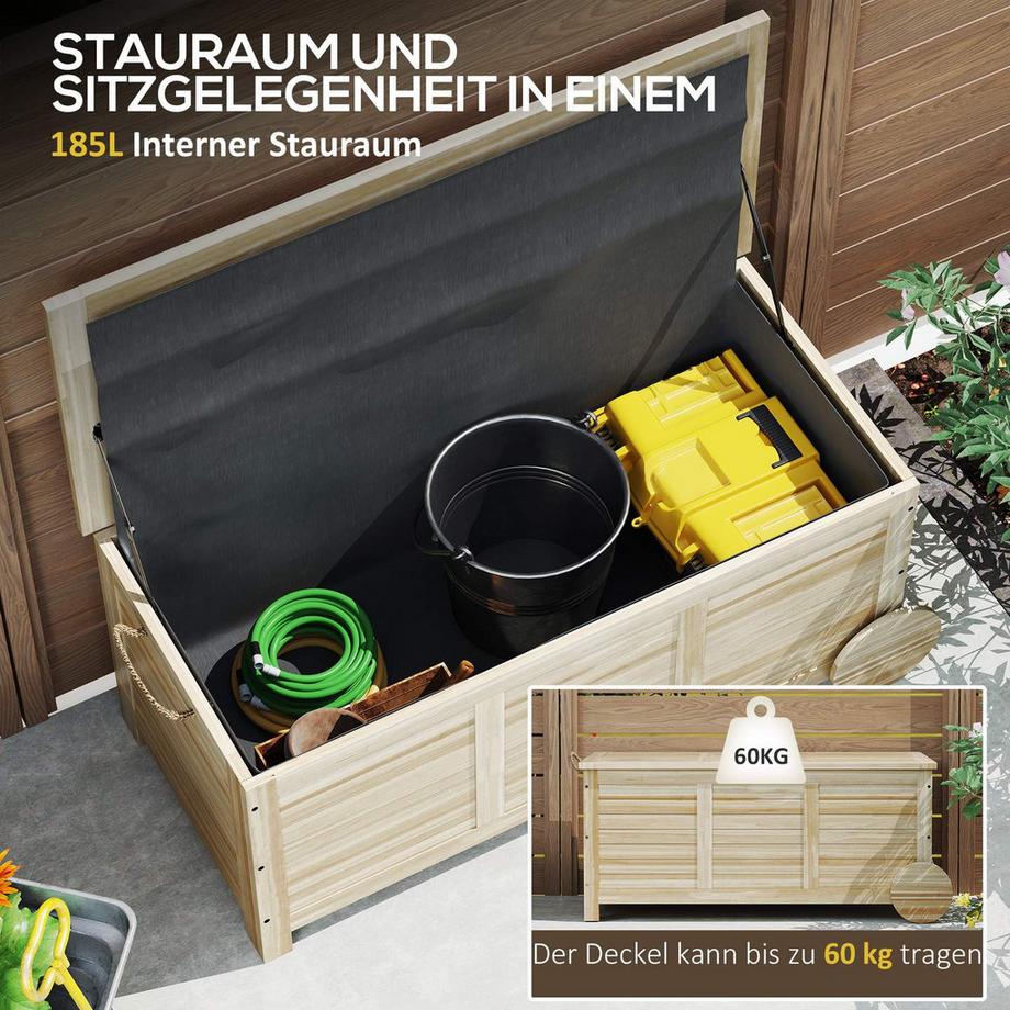 Northio Auflagenbox 185 L Stauraum Wasserdicht Gartenbox mit Rollen Holz wetterfest UV-beständig Kissenbox Aufbewahrungsbox Gartentruhe für Outdoor Garten Balkon Naturholz |  