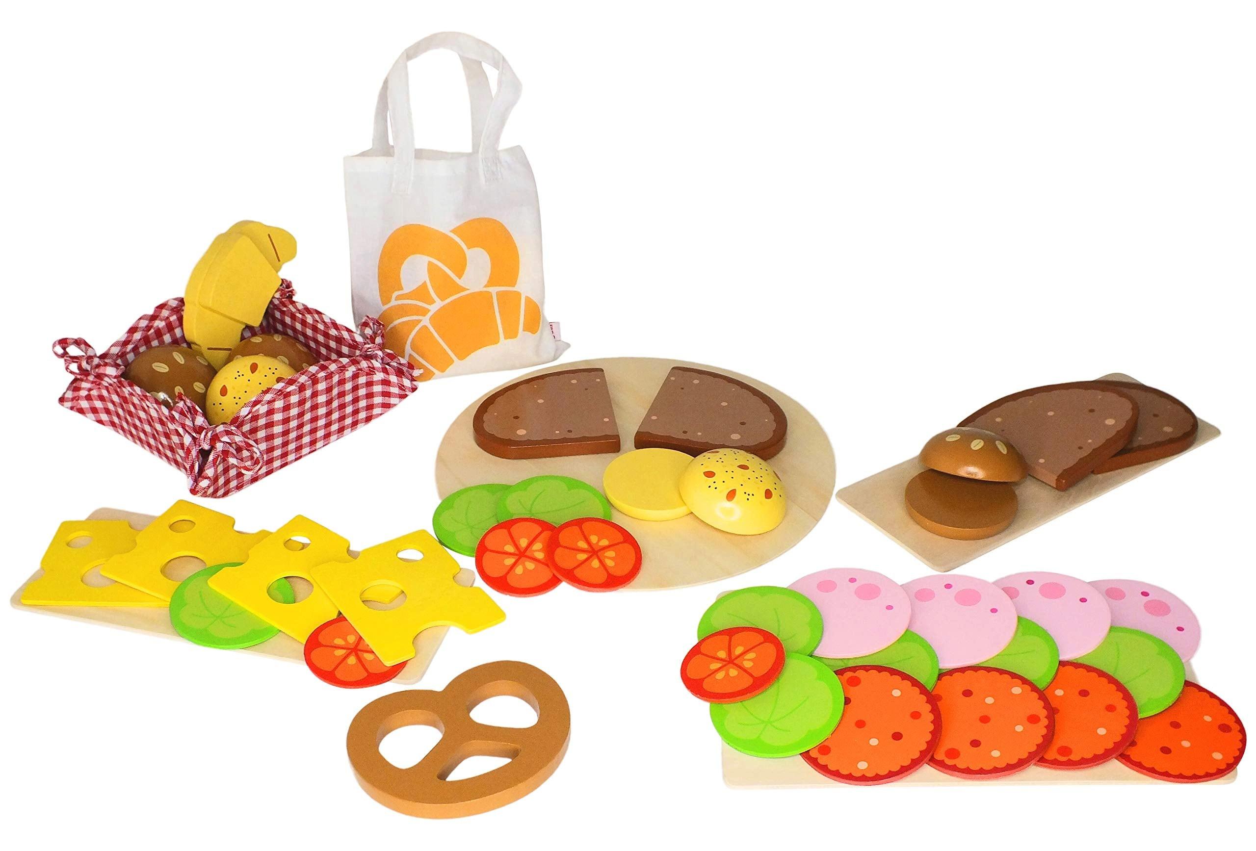 Activity-board  Kinderküchenzubehör Brötchen, Brotscheiben, Wurst- und Käsescheiben, mit Salat- und Gemüsebeilage, Brötchenset, Brot 