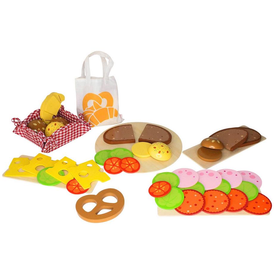 Activity-board  Accessoires de cuisine pour enfants Petits pains, tranches de pain, tranches de saucisse et tranches de fromage, avec salade et garniture de légumes, set de petits pains, pain 