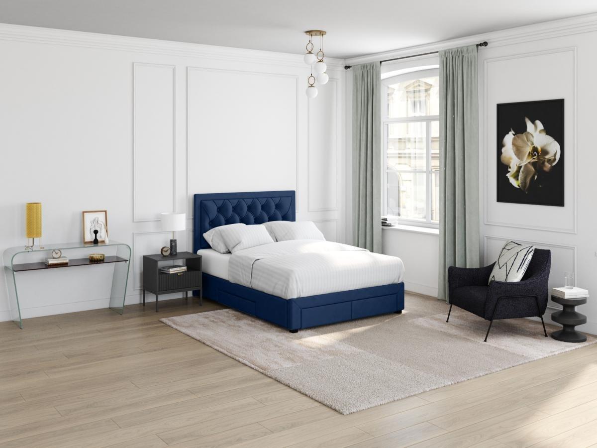 Vente-unique Letto matrimoniale con cassetti in Velluto Blu LEOPOLD  