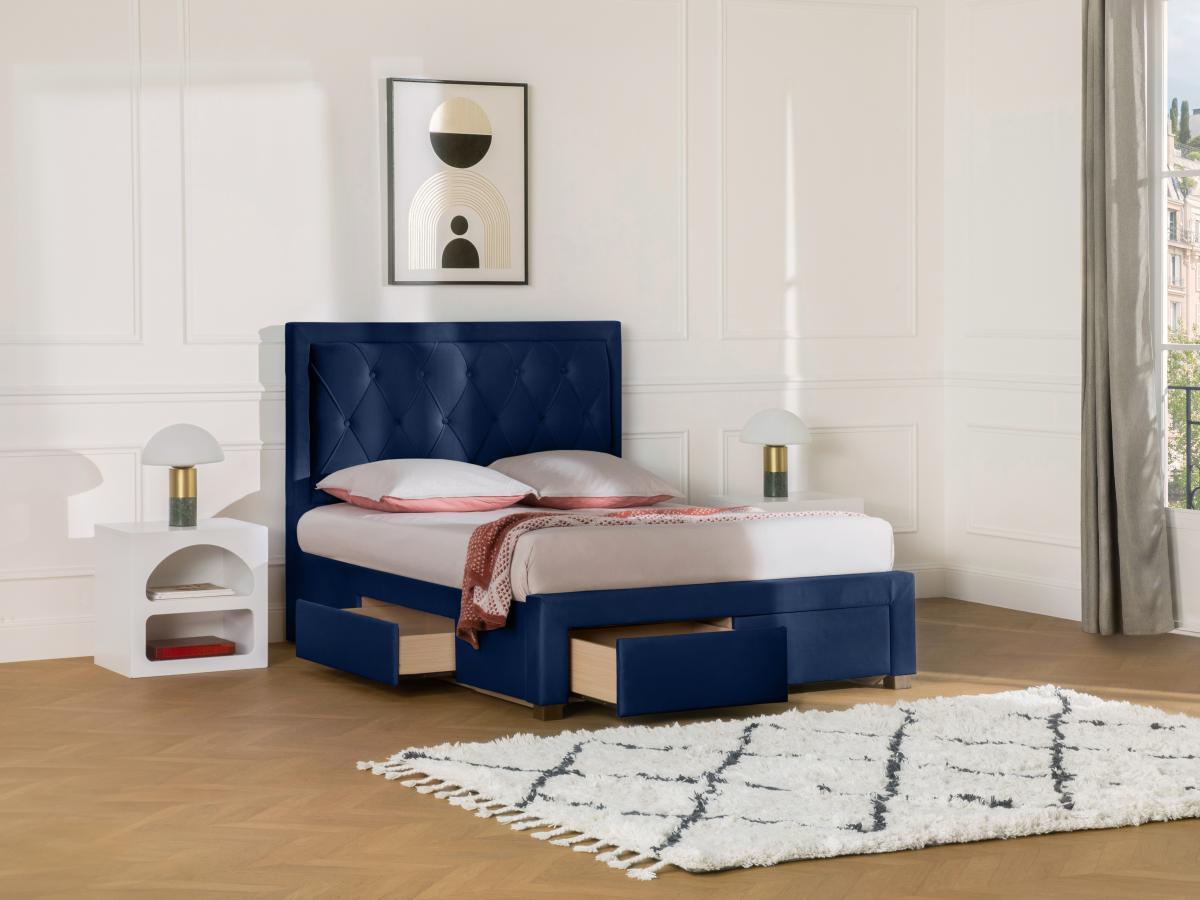 Vente-unique Letto matrimoniale con cassetti in Velluto Blu LEOPOLD  