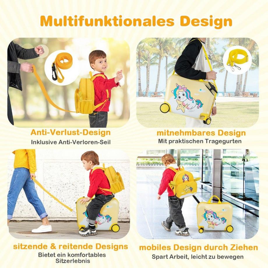 Northix  2tlg Kinderkoffer + Rucksack 47 cm Langer Aufsitzkoffer und 30 cm Breiter Rucksack Gelb Einhorn 