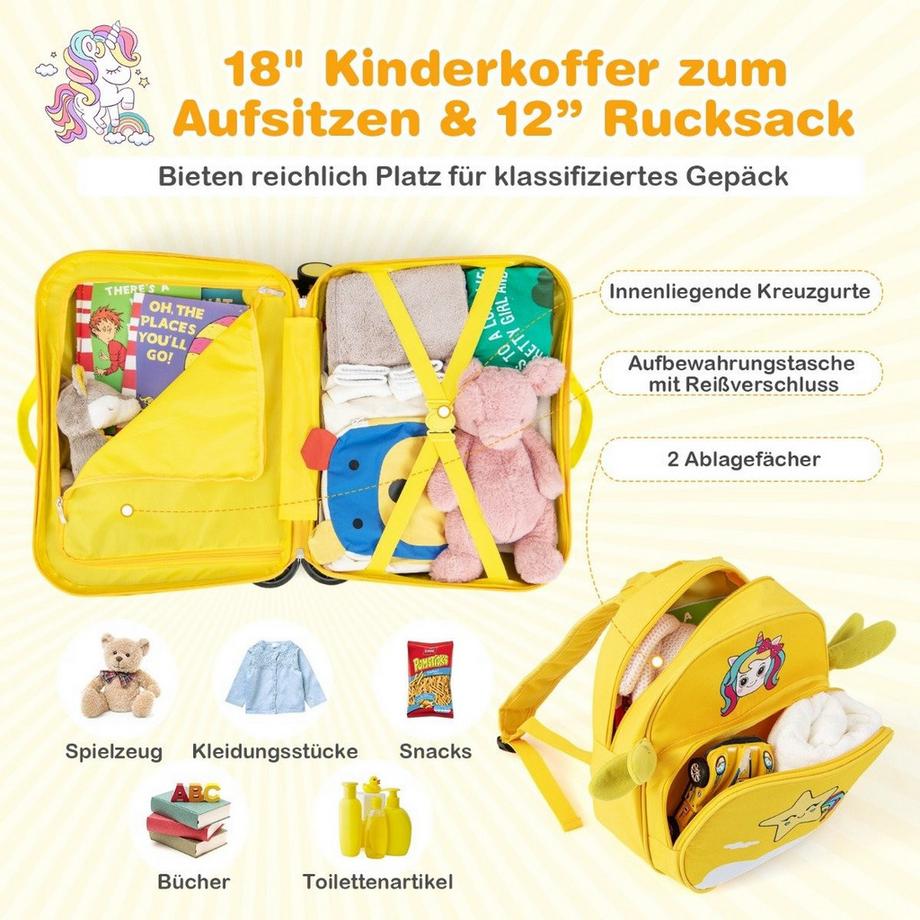 Northix  2tlg Kinderkoffer + Rucksack 47 cm Langer Aufsitzkoffer und 30 cm Breiter Rucksack Gelb Einhorn 