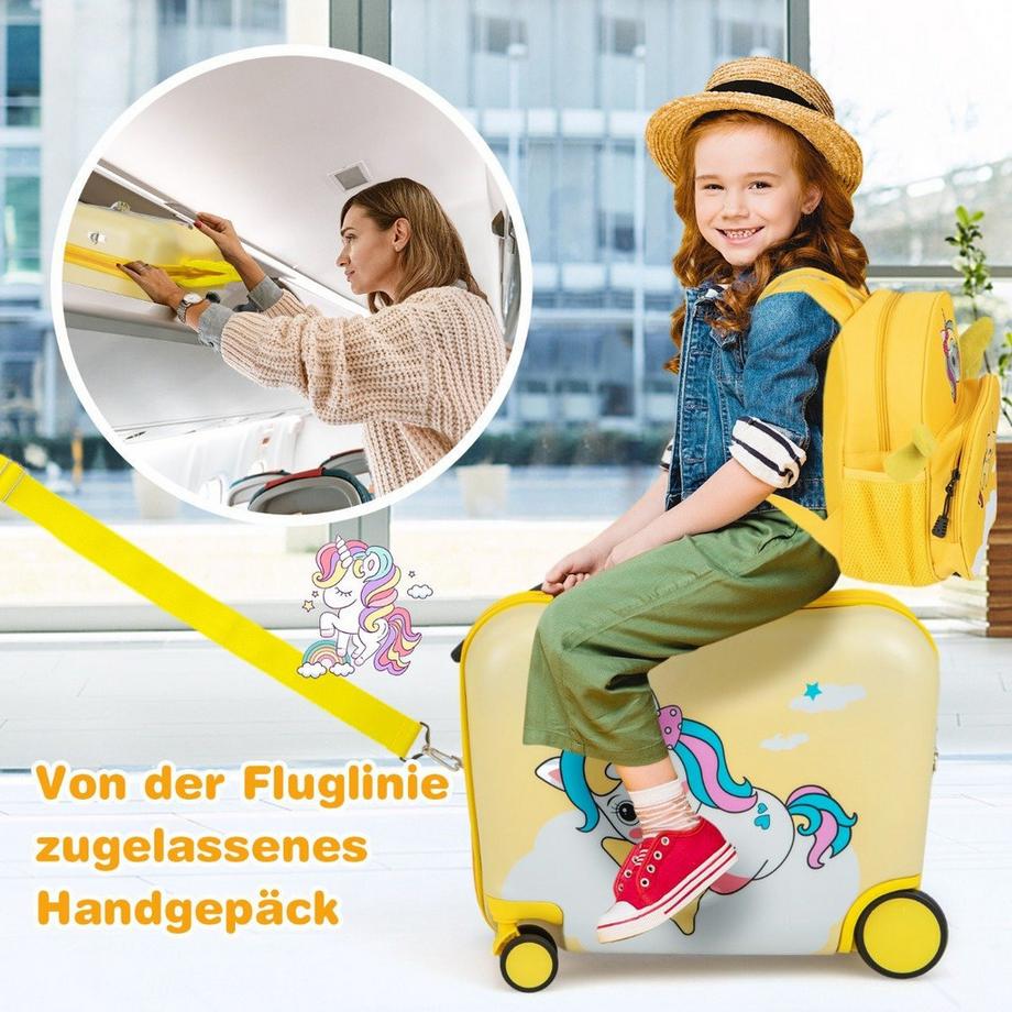 Northix  2tlg Kinderkoffer + Rucksack 47 cm Langer Aufsitzkoffer und 30 cm Breiter Rucksack Gelb Einhorn 