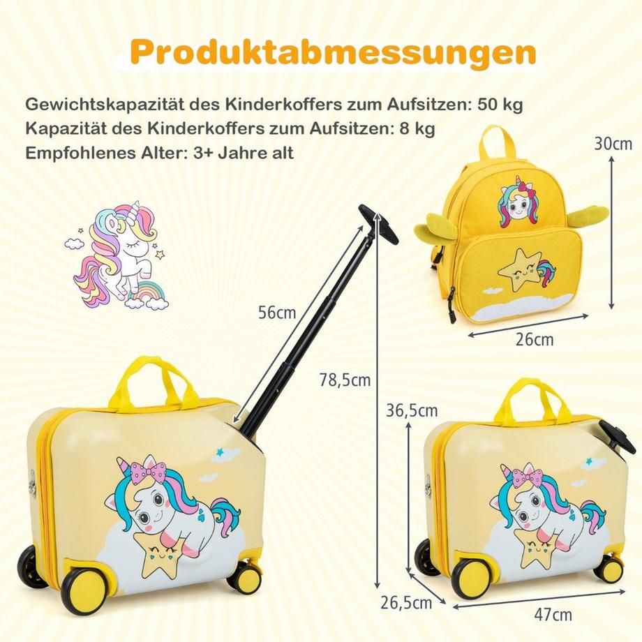 Northix  2tlg Kinderkoffer + Rucksack 47 cm Langer Aufsitzkoffer und 30 cm Breiter Rucksack Gelb Einhorn 