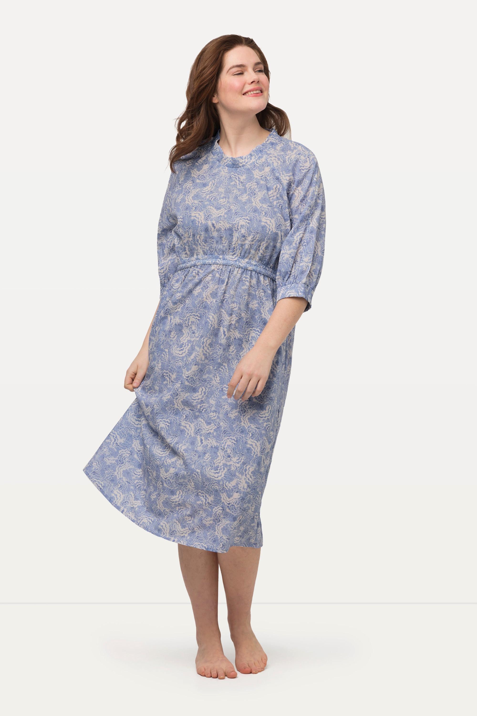 Ulla Popken  Robe, col rond, cordon, manches 3/4, coton bio 