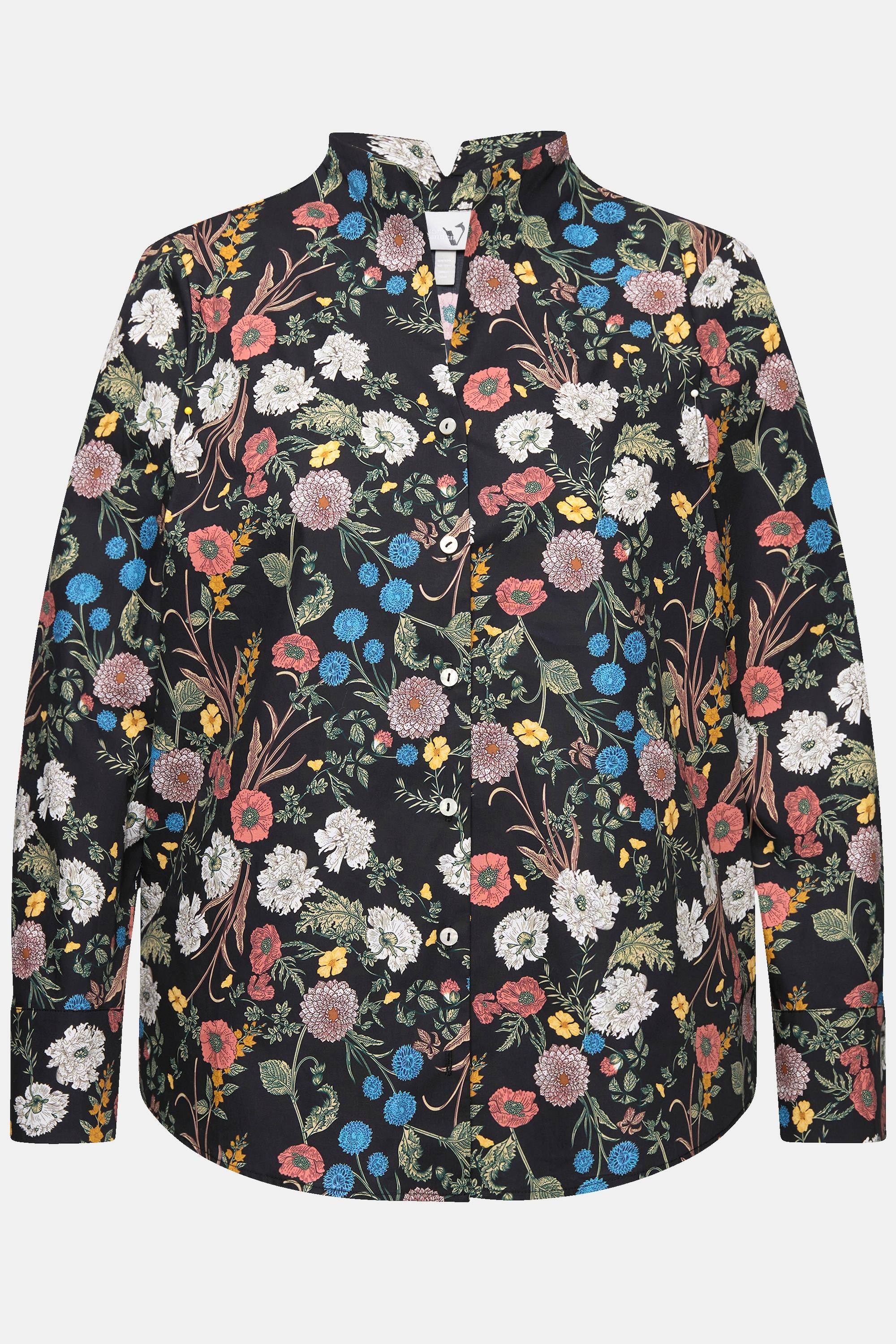 Ulla Popken  Blusa con fiori, collo montante, scollatura a V e maniche lunghe 