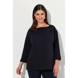 Ulla Popken  Sweat-shirt texturé, motif grands carreaux, décolleté bateau et manches 3/4 