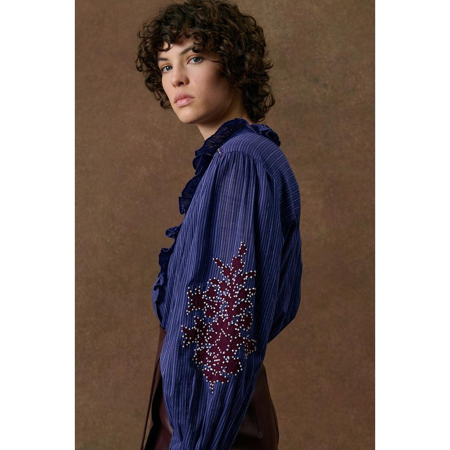Louise-Misha Blouse brodée à col volanté et rayures  