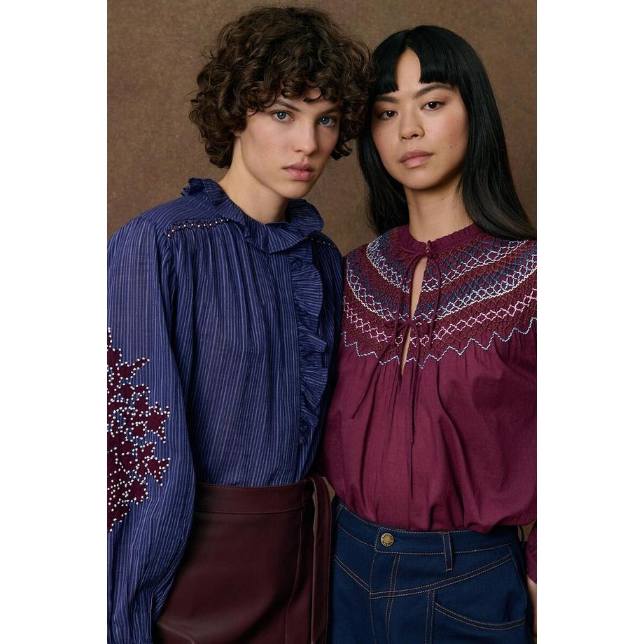 Louise-Misha Blouse brodée à col volanté et rayures  