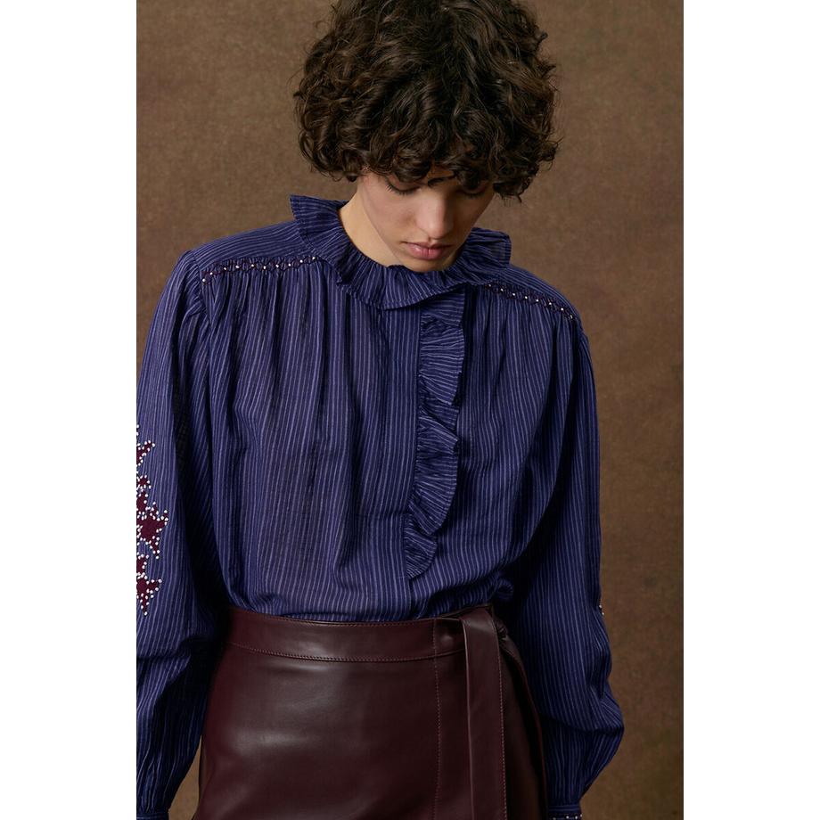 Louise-Misha Blouse brodée à col volanté et rayures  