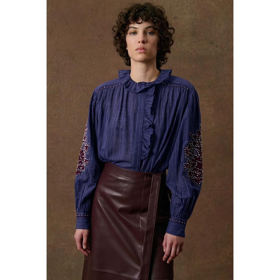 Bestickte Bluse CORA mit Rüschenkragen und Streifen