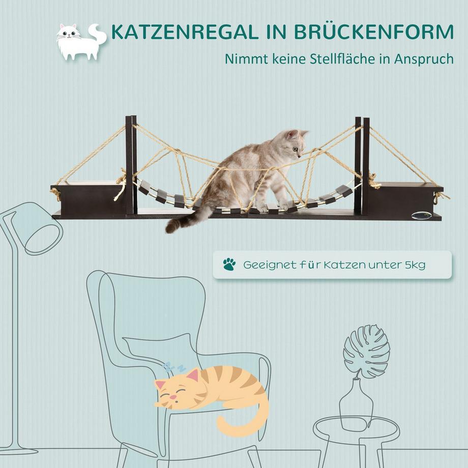 Northio  Kletterwand Für Katzen Wandkratzbaum Mit Hängebrücke, Bis 5 Kg, Wandmontage, Braun, 96X20X25,5 Cm 